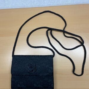 Black Lace Crossbody Bag with Rosette Accent